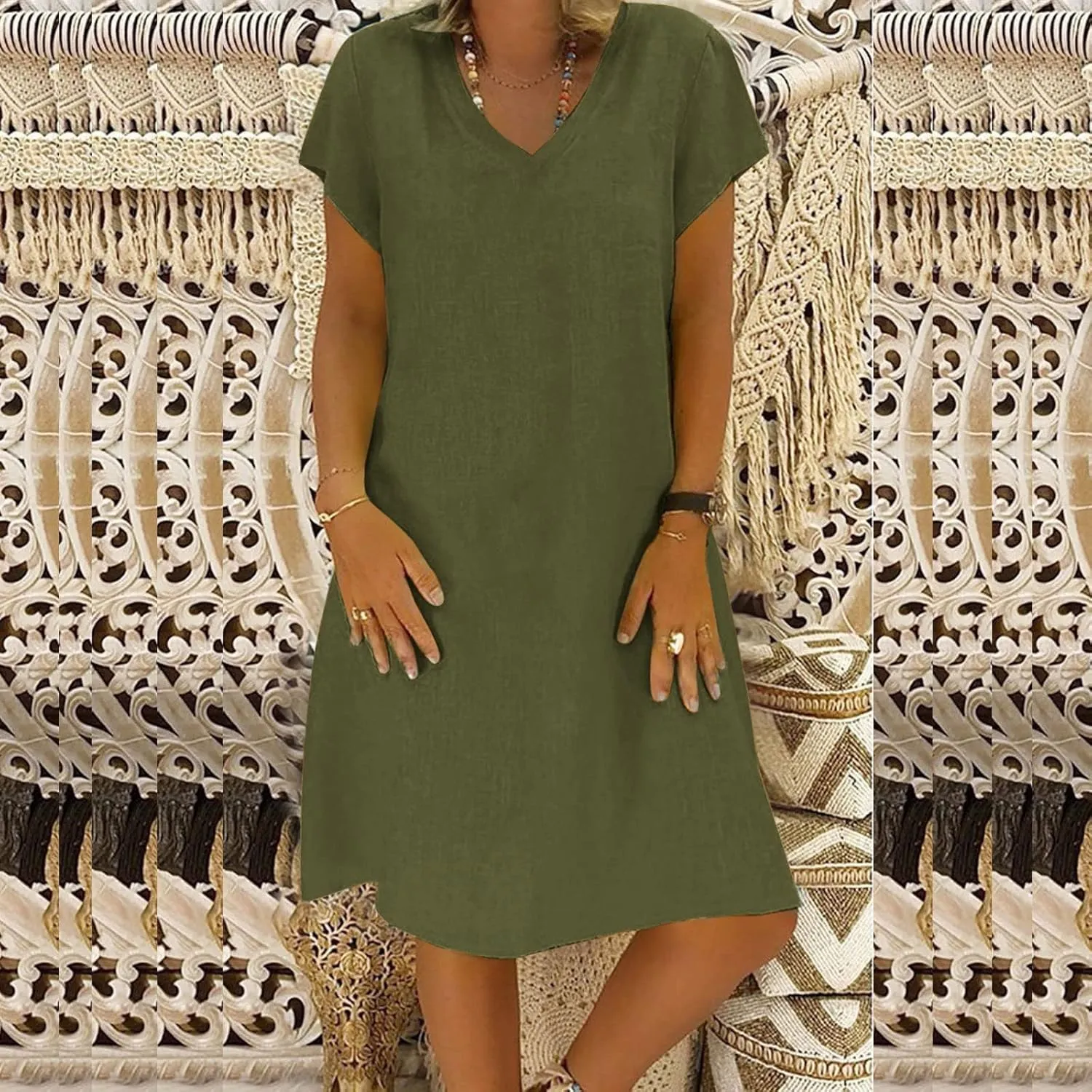Linen Dresses for Women 2025 Summer Casual V-Neck A Line Dress Trendy Cap Sleeve Sun Dresses Vacation Beach Clothing