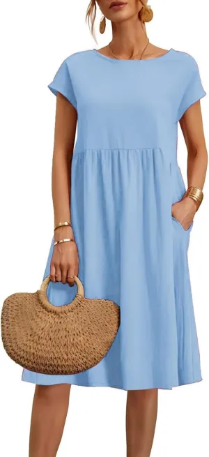 Linen Dresses for Women Summer Plus Size Short Sleeve Midi Dress Casual Fashion Beach Vacation Sundress with Pockets