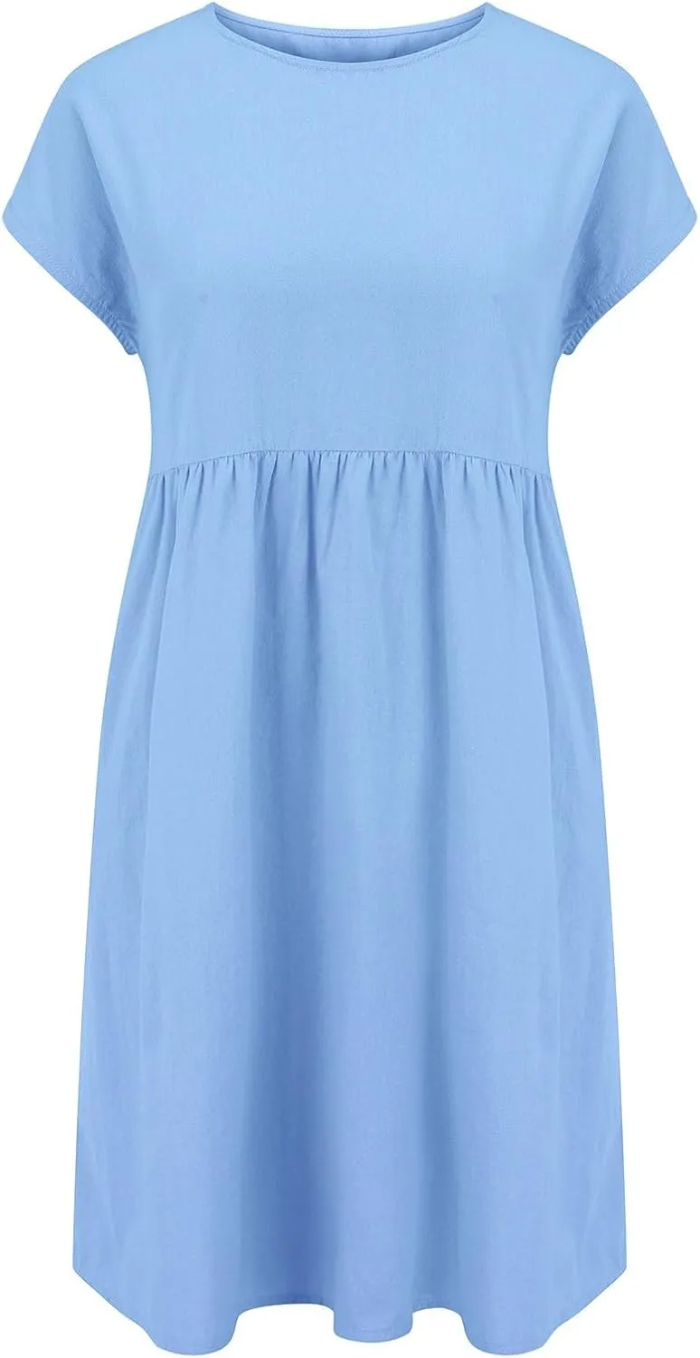 Linen Dresses for Women Summer Plus Size Short Sleeve Midi Dress Casual Fashion Beach Vacation Sundress with Pockets