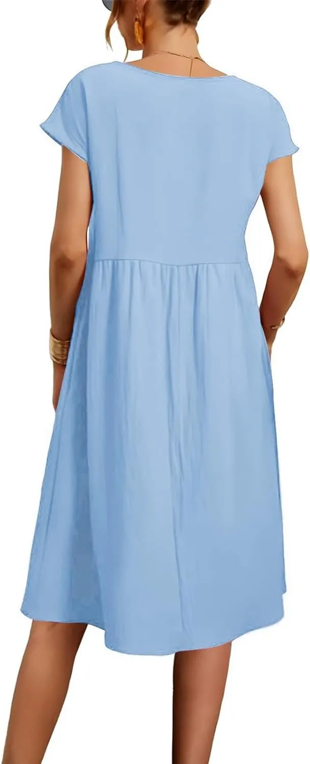 Linen Dresses for Women Summer Plus Size Short Sleeve Midi Dress Casual Fashion Beach Vacation Sundress with Pockets