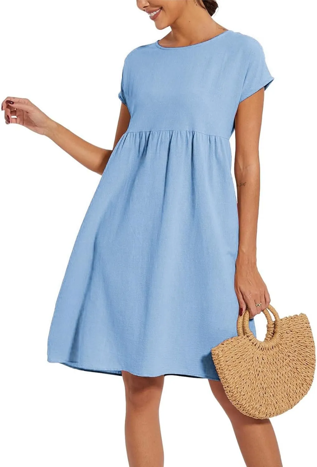 Linen Dresses for Women Summer Plus Size Short Sleeve Midi Dress Casual Fashion Beach Vacation Sundress with Pockets