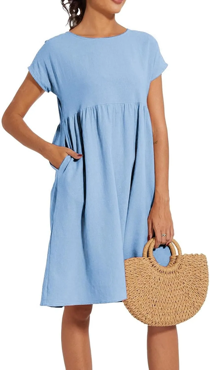 Linen Dresses for Women Summer Plus Size Short Sleeve Midi Dress Casual Fashion Beach Vacation Sundress with Pockets