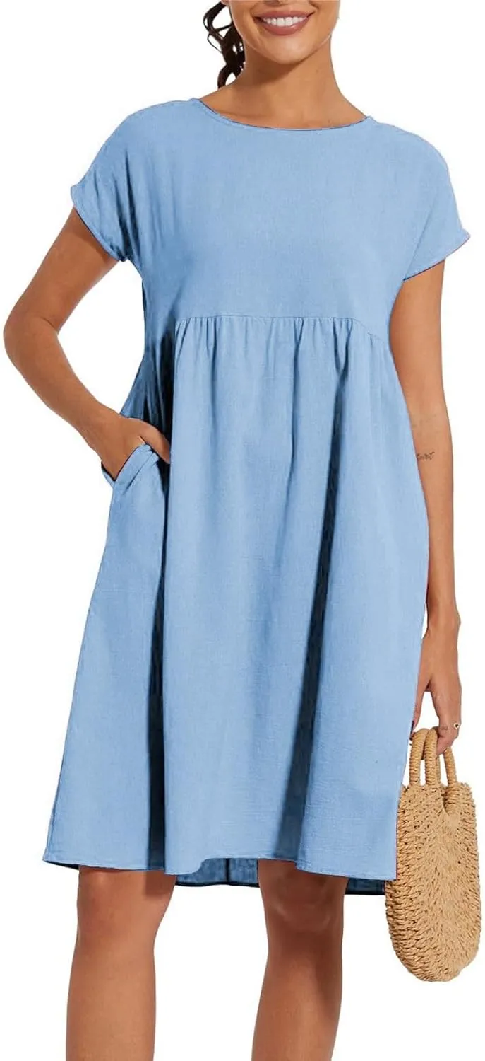 Linen Dresses for Women Summer Plus Size Short Sleeve Midi Dress Casual Fashion Beach Vacation Sundress with Pockets