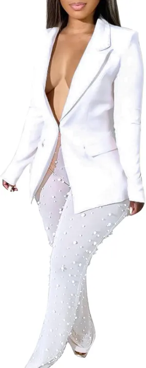 LKOUS Sexy Blazer Suits for Women,Long Sleeve Blazer and Mesh Beading Pants Clubwear Set with Underwear