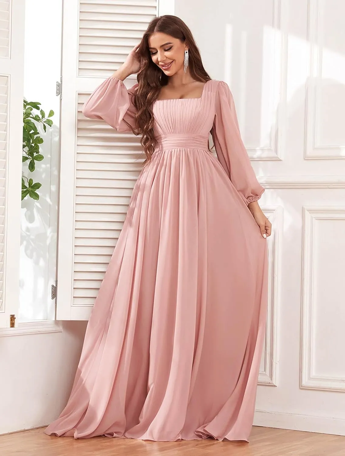 Long Sleeve Bridesmaid Dresses for Wedding Square Neck Pleated Chiffon Formal Evening Dress with Pockets