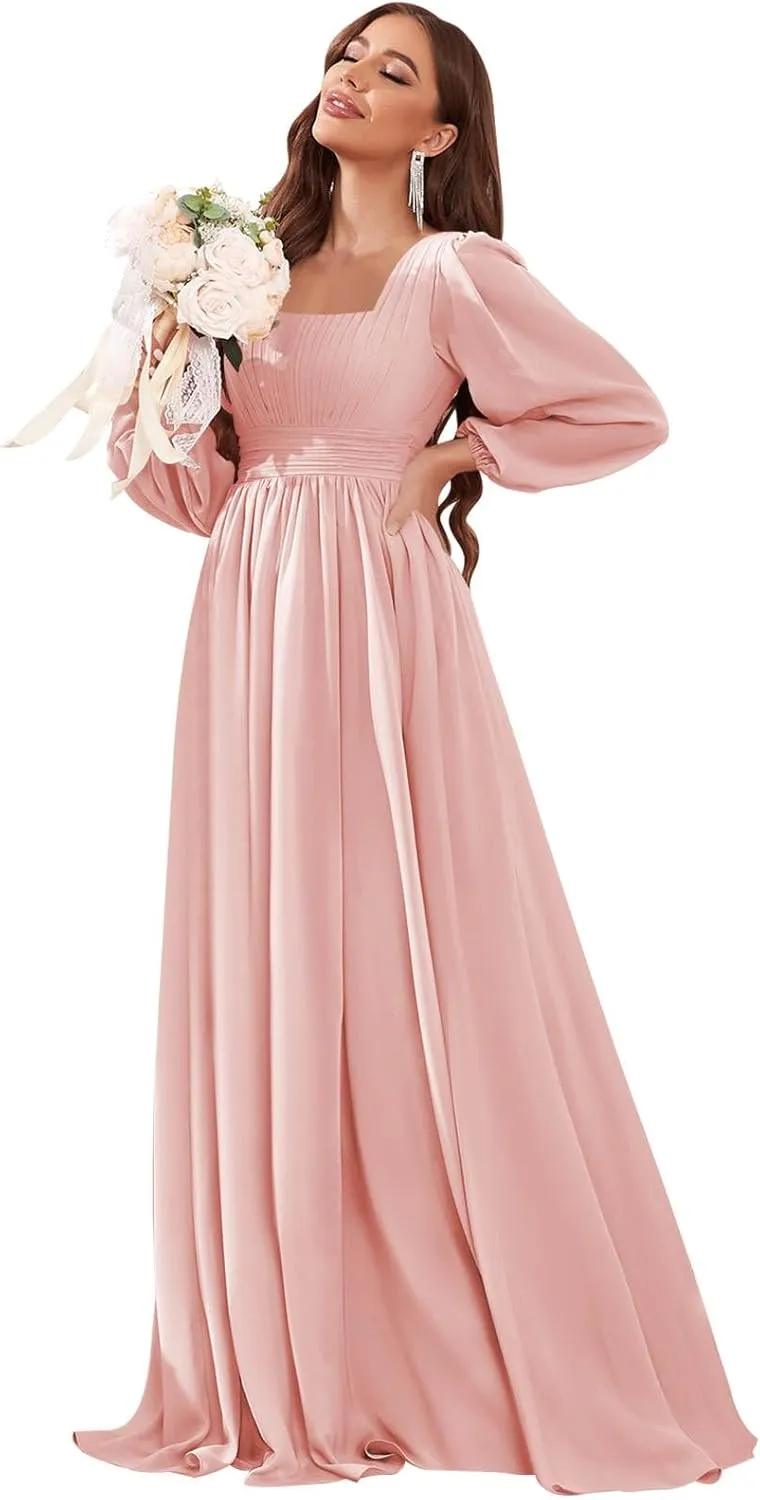 Long Sleeve Bridesmaid Dresses for Wedding Square Neck Pleated Chiffon Formal Evening Dress with Pockets