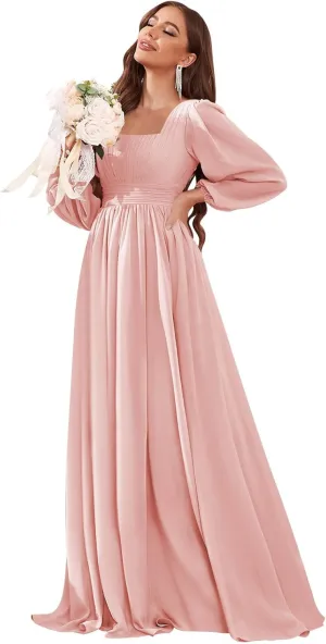 Long Sleeve Bridesmaid Dresses for Wedding Square Neck Pleated Chiffon Formal Evening Dress with Pockets