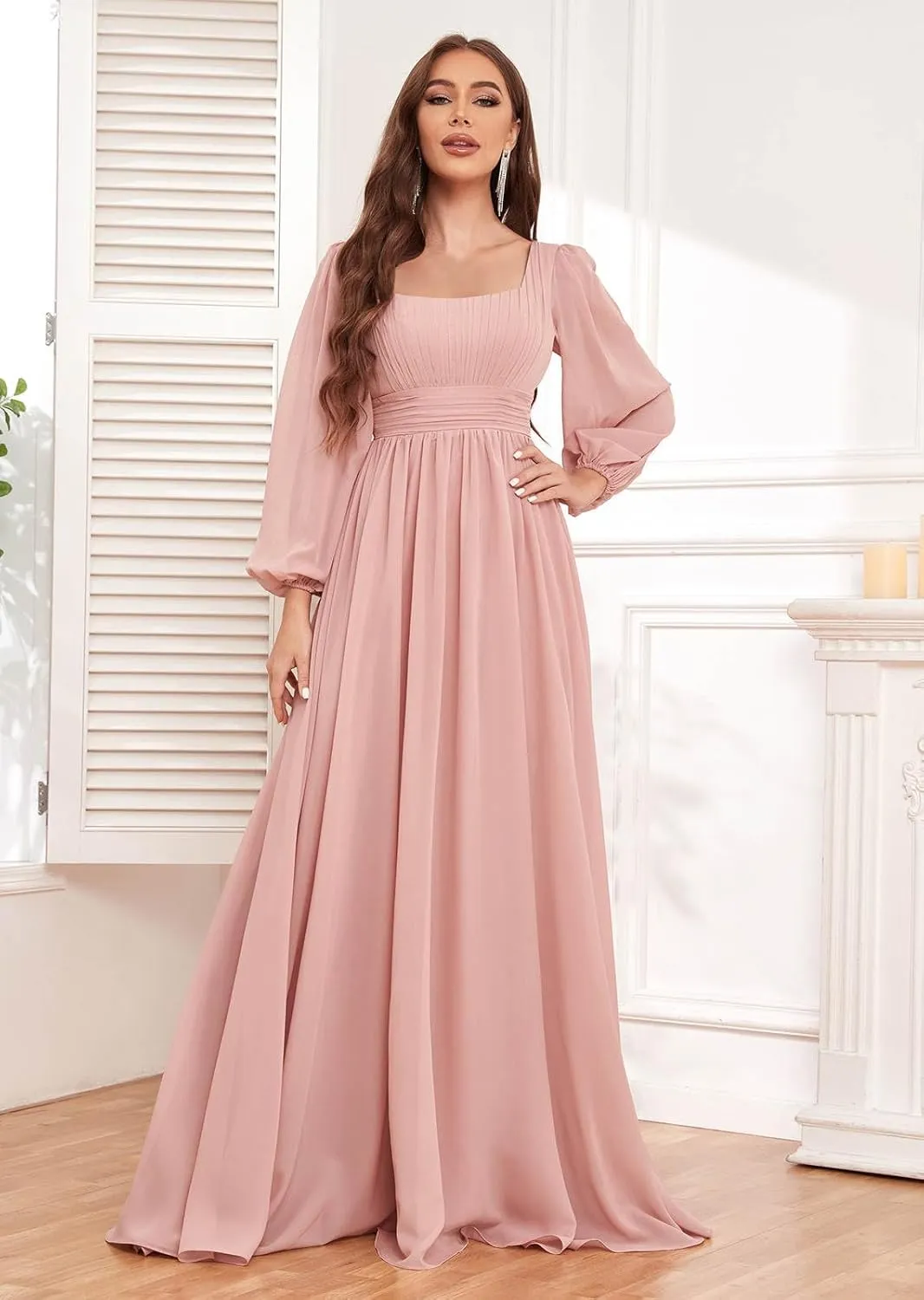 Long Sleeve Bridesmaid Dresses for Wedding Square Neck Pleated Chiffon Formal Evening Dress with Pockets