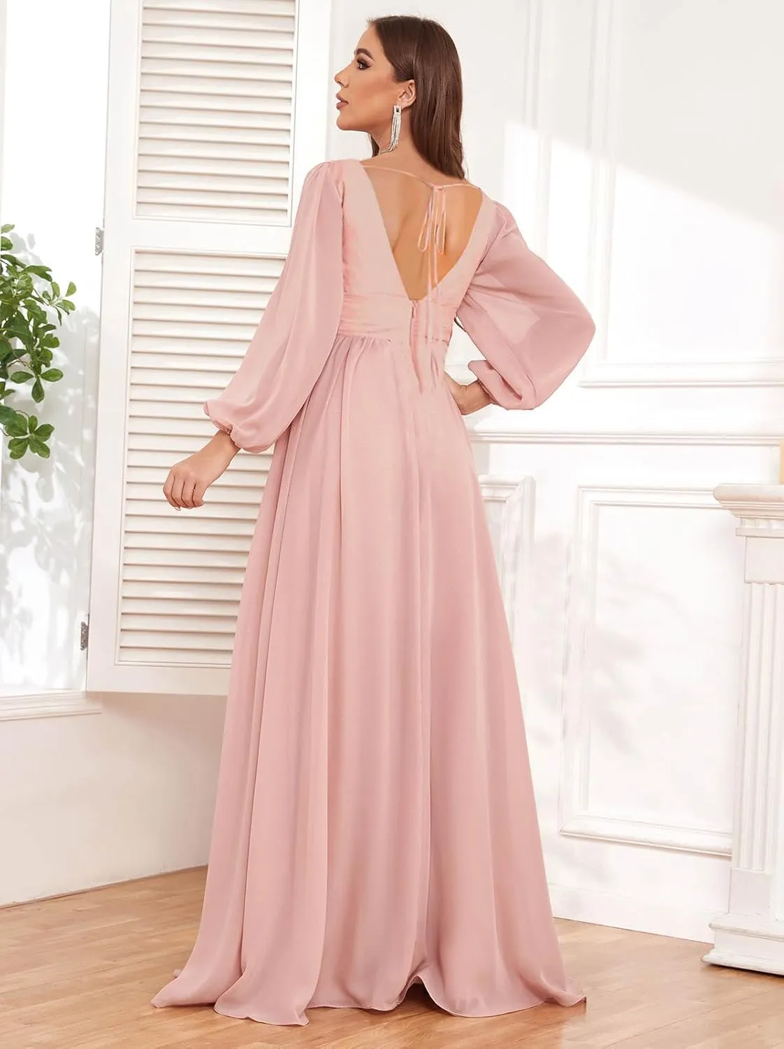 Long Sleeve Bridesmaid Dresses for Wedding Square Neck Pleated Chiffon Formal Evening Dress with Pockets