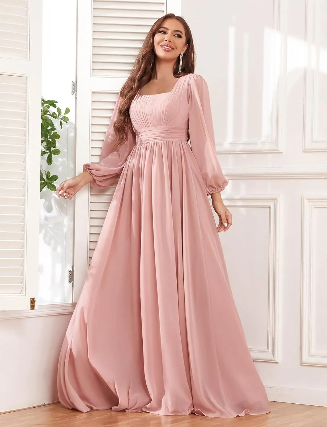 Long Sleeve Bridesmaid Dresses for Wedding Square Neck Pleated Chiffon Formal Evening Dress with Pockets
