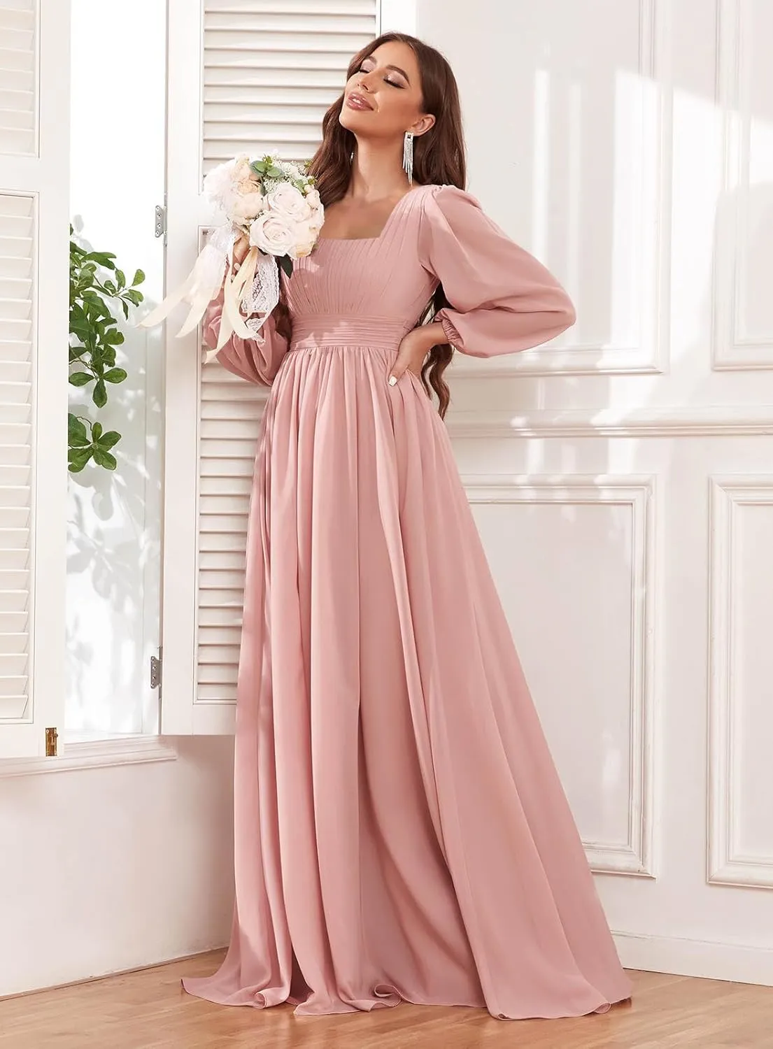 Long Sleeve Bridesmaid Dresses for Wedding Square Neck Pleated Chiffon Formal Evening Dress with Pockets