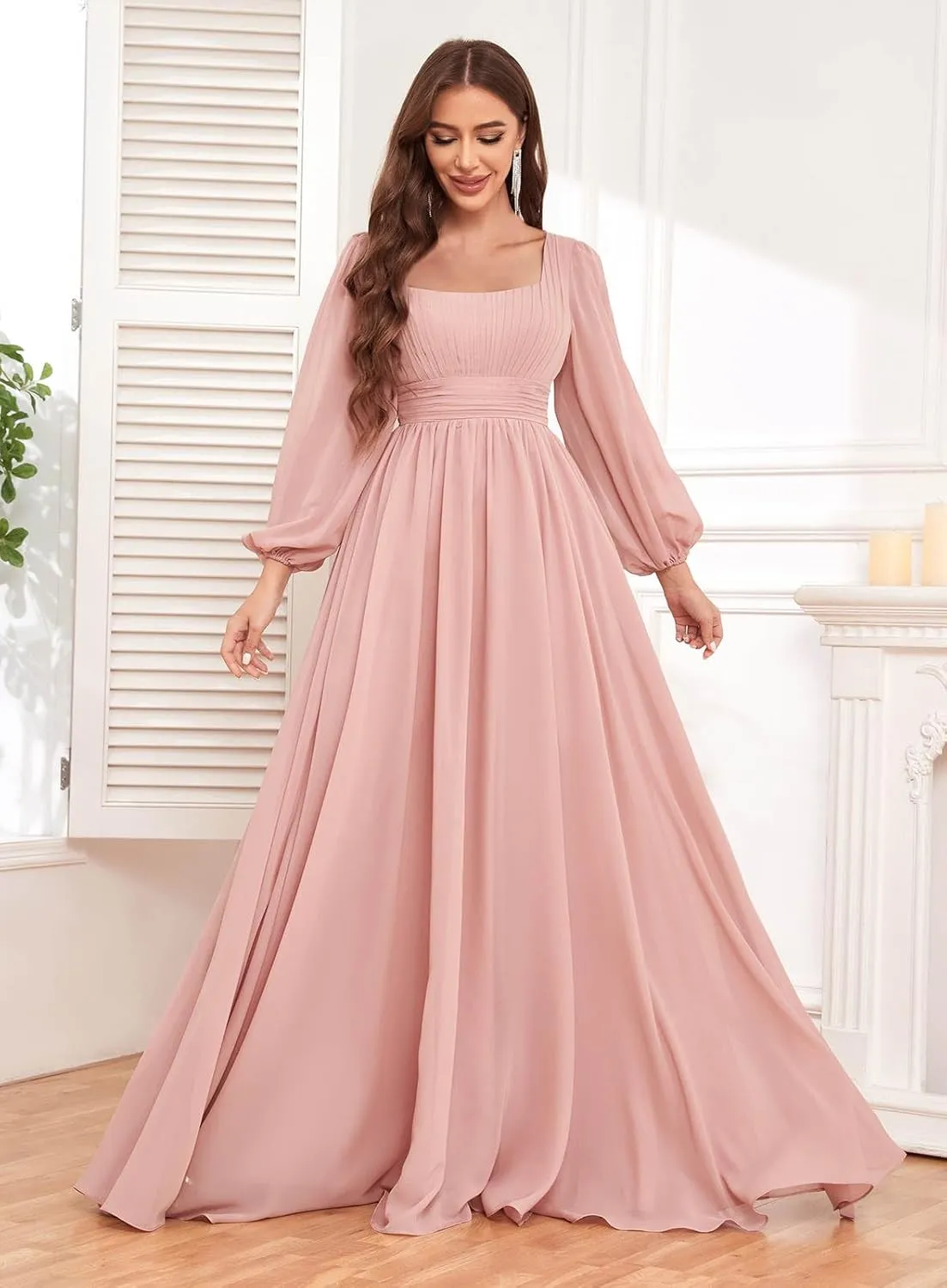 Long Sleeve Bridesmaid Dresses for Wedding Square Neck Pleated Chiffon Formal Evening Dress with Pockets