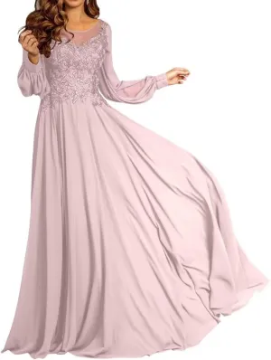 Long Sleeve Mother of The Bride Dresses for Wedding Lace Appliques A-line Chiffon Formal Evening Party Gowns