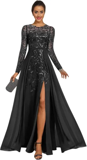 Long Sleeve Mother of The Bride Dresses for Women Chiffon Formal Gowns Sequin Evening Dresses with Slit