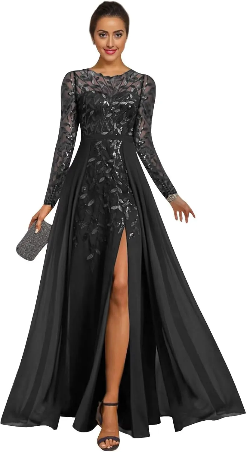 Long Sleeve Mother of The Bride Dresses for Women Chiffon Formal Gowns Sequin Evening Dresses with Slit