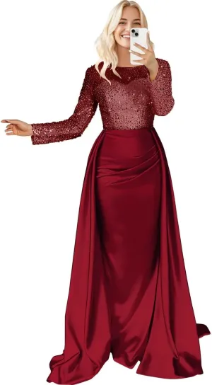 Long Sleeve Satin Prom Dresses for Women 2025 Mermaid Sequin Mock Neck Formal Evening Party Gown with Slit