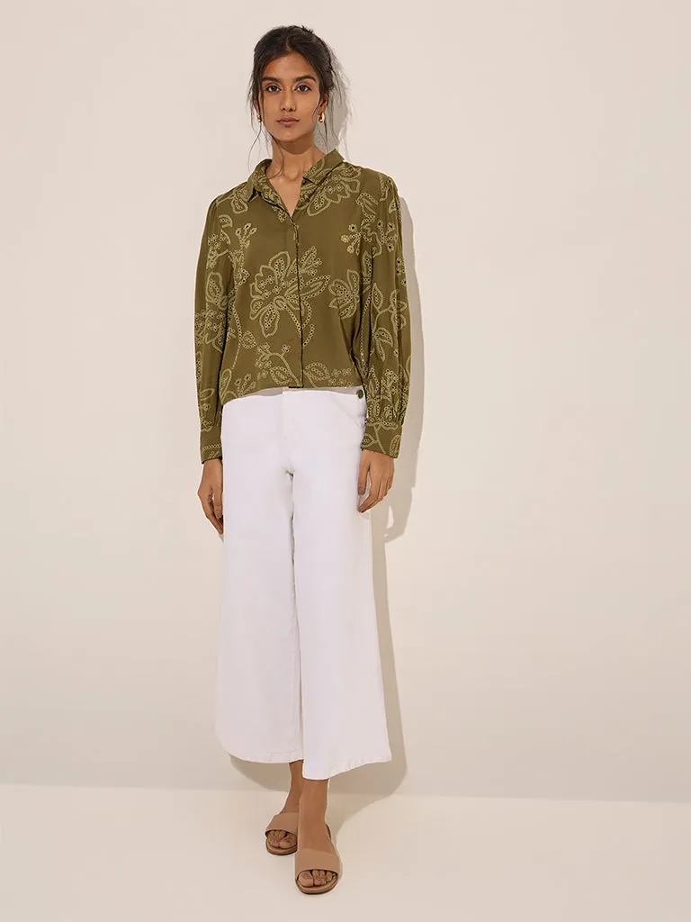 LOV Olive Floral Printed Cotton Shirt