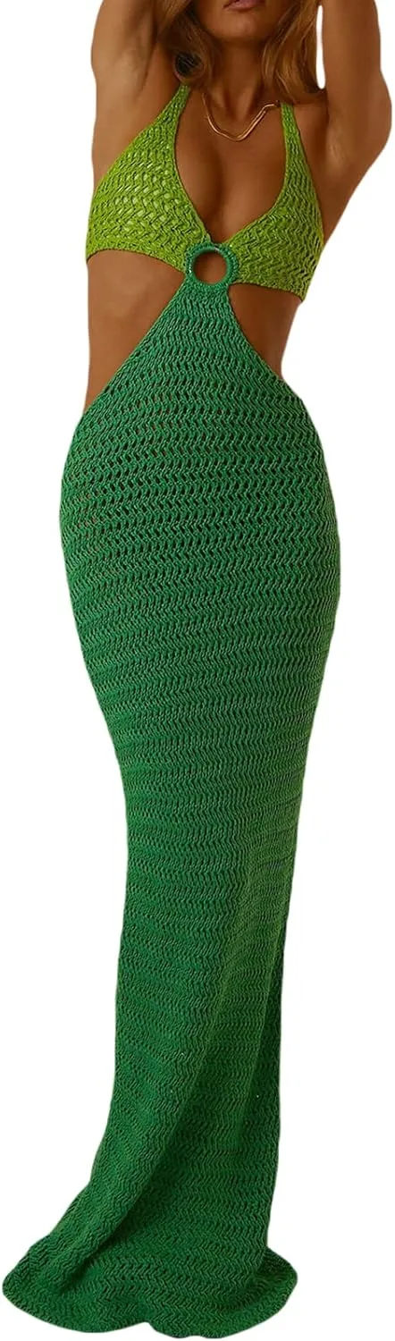 Low Cut Ribbed Knit Long Bodycon Sling Dress Sleeveless Spaghetti Straps Club Party Floral Maxi Dress for Women