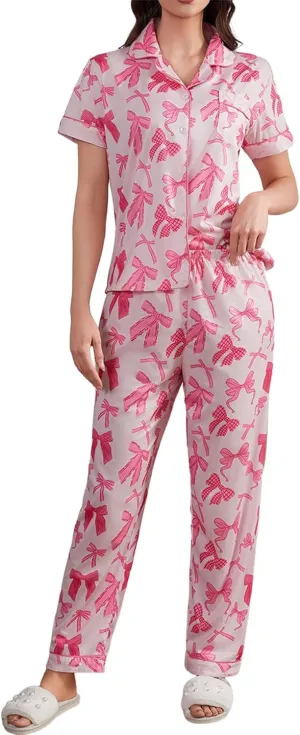 MakeMeChic Women's 2 Piece Pajama Set Cute Bow Short Sleeve Button Down Shirt and Pants Loungewear