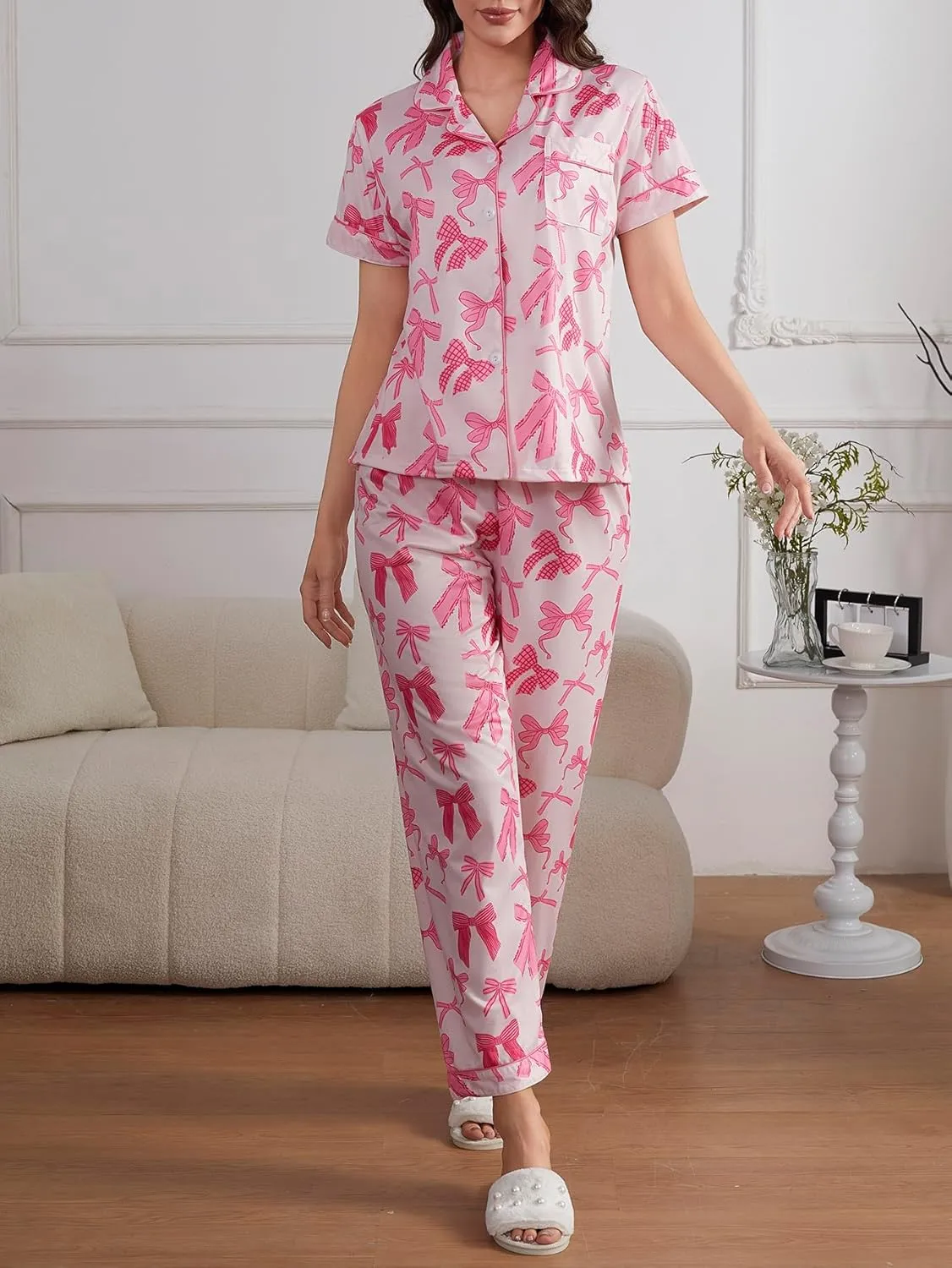 MakeMeChic Women's 2 Piece Pajama Set Cute Bow Short Sleeve Button Down Shirt and Pants Loungewear