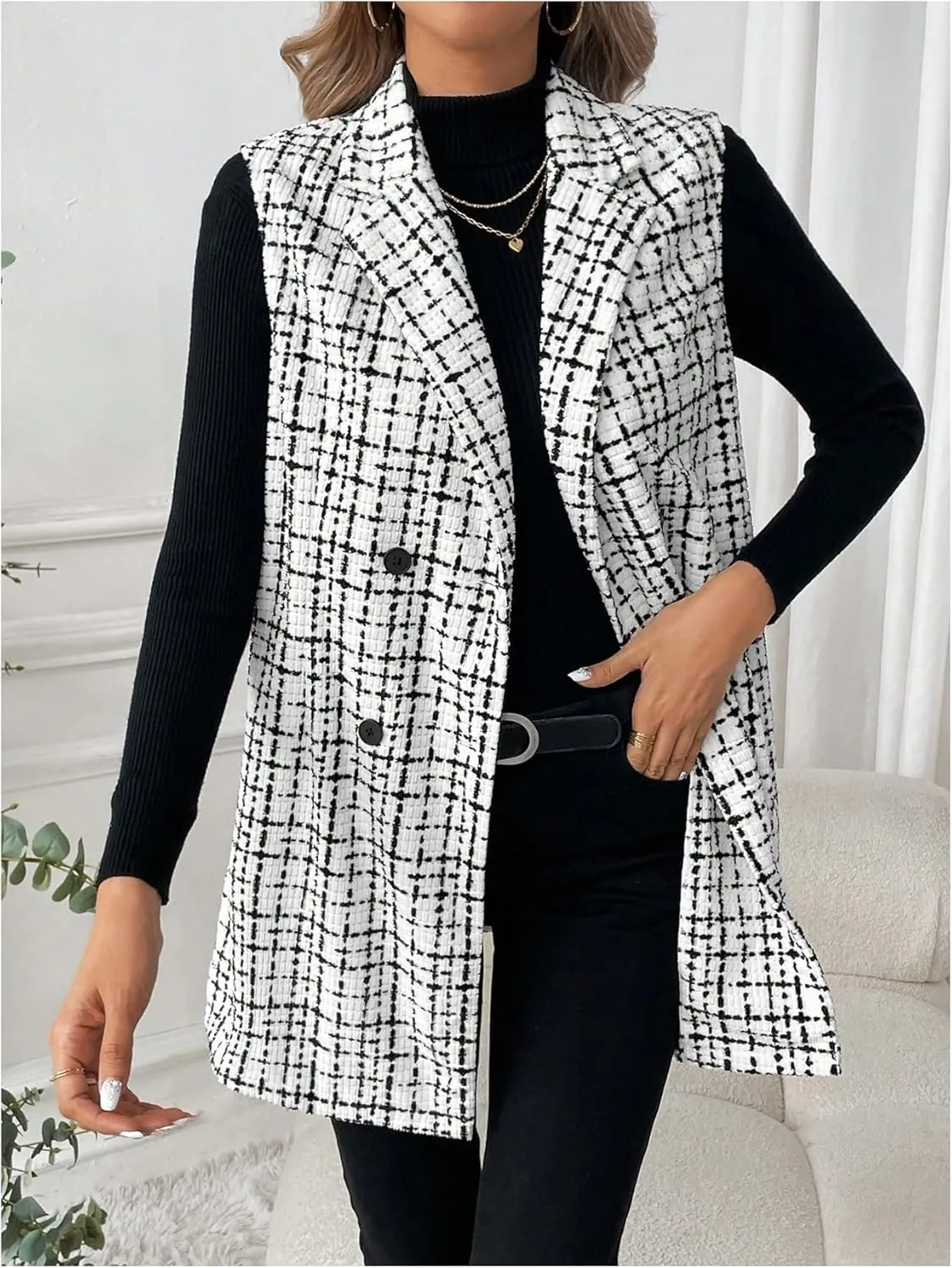 MakeMeChic Women's Plaid Sleeveless Blazer Vest Lapel Open Front Button Work Office Cardigan Jacket