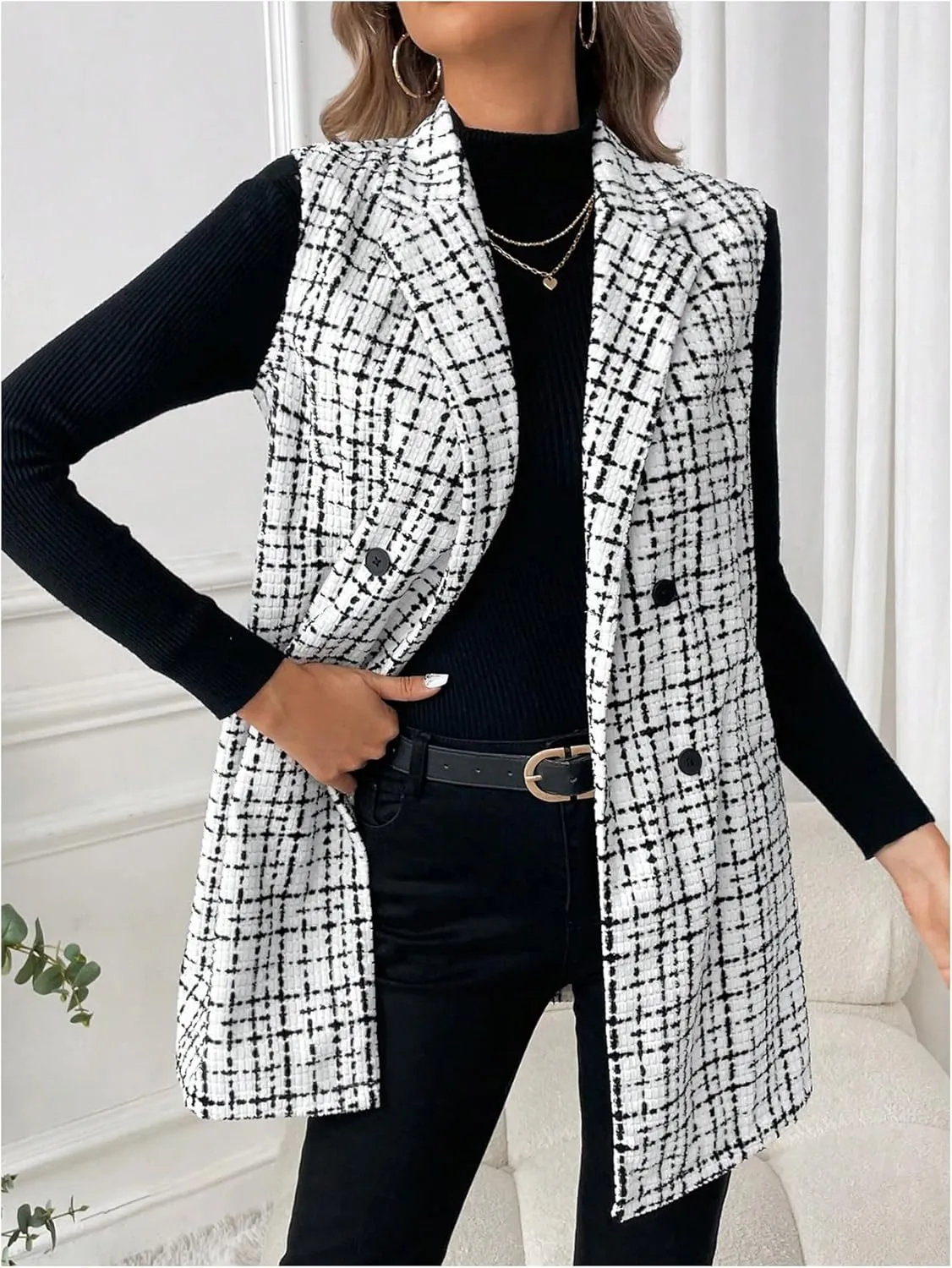 MakeMeChic Women's Plaid Sleeveless Blazer Vest Lapel Open Front Button Work Office Cardigan Jacket