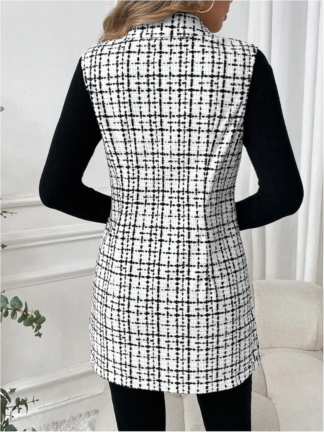 MakeMeChic Women's Plaid Sleeveless Blazer Vest Lapel Open Front Button Work Office Cardigan Jacket