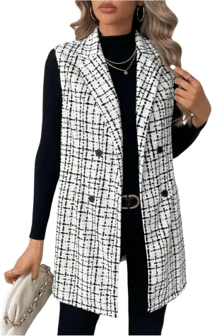 MakeMeChic Women's Plaid Sleeveless Blazer Vest Lapel Open Front Button Work Office Cardigan Jacket