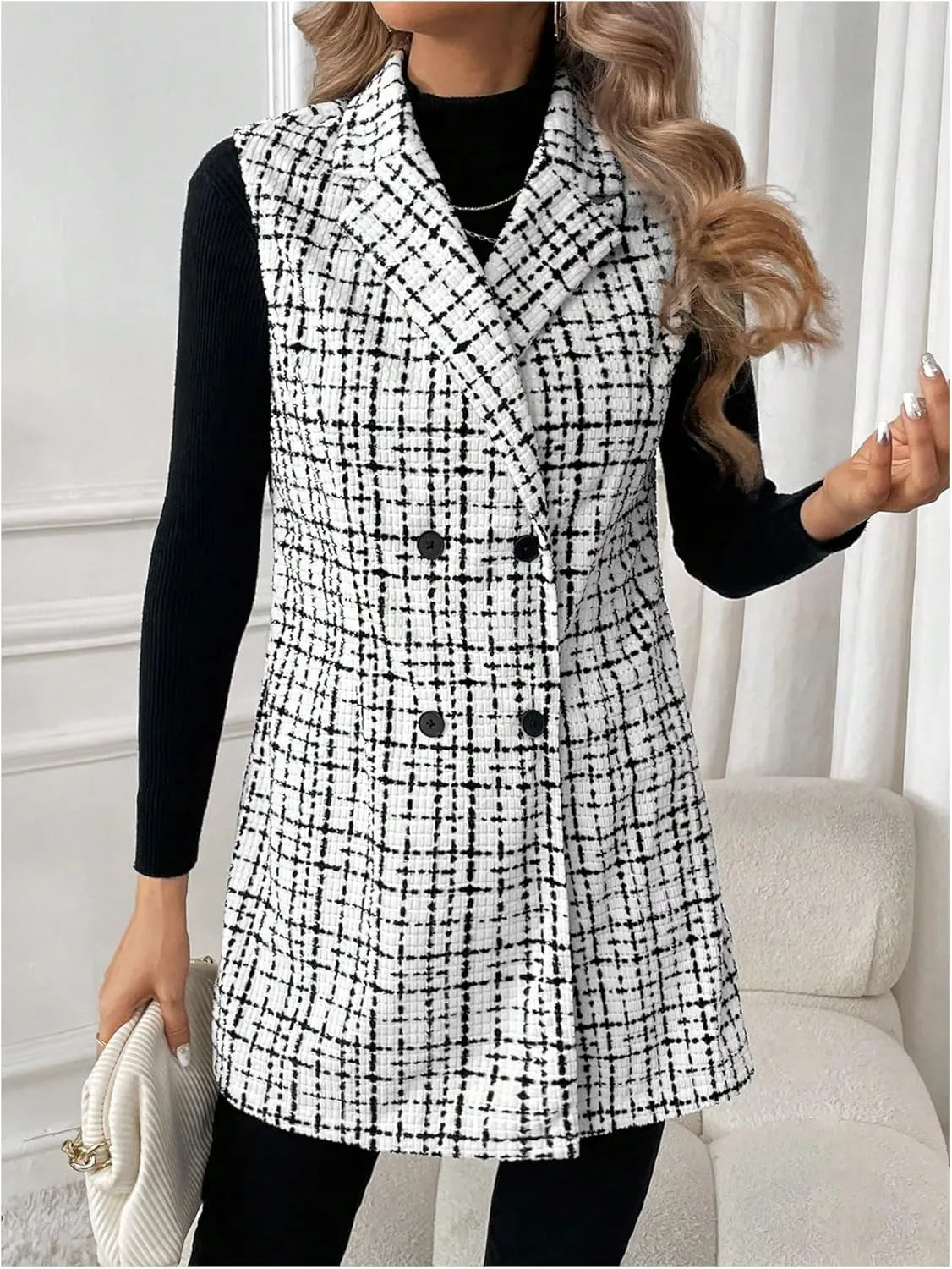 MakeMeChic Women's Plaid Sleeveless Blazer Vest Lapel Open Front Button Work Office Cardigan Jacket