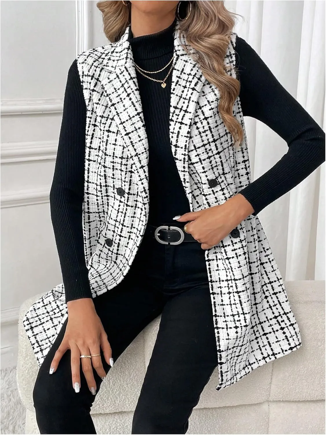 MakeMeChic Women's Plaid Sleeveless Blazer Vest Lapel Open Front Button Work Office Cardigan Jacket