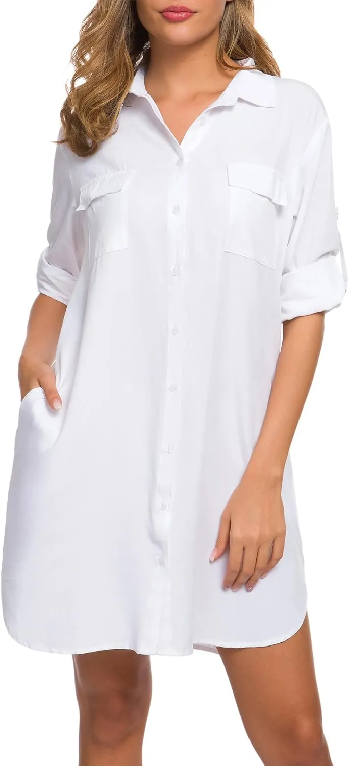 MANAIXUAN Women's Shirt Dress V Neck Long Sleeve Loose Casual with Pockets Front Button