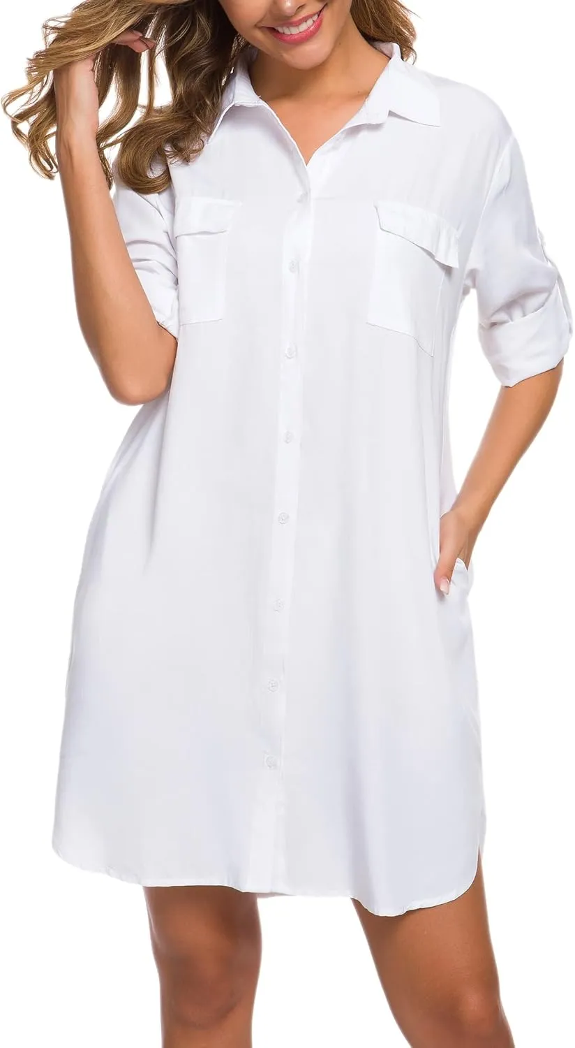 MANAIXUAN Women's Shirt Dress V Neck Long Sleeve Loose Casual with Pockets Front Button