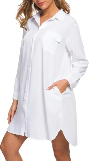 MANAIXUAN Women's Shirt Dress V Neck Long Sleeve Loose Casual with Pockets Front Button