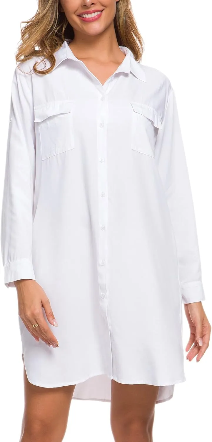 MANAIXUAN Women's Shirt Dress V Neck Long Sleeve Loose Casual with Pockets Front Button