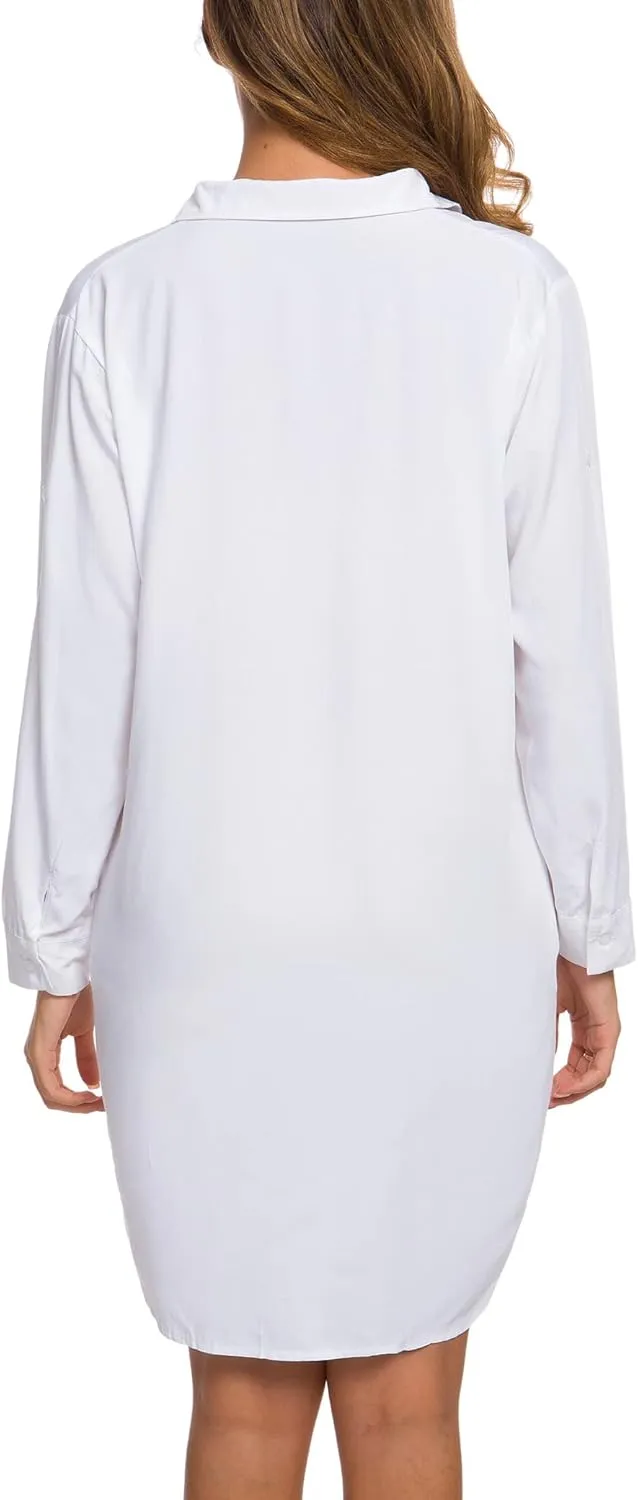 MANAIXUAN Women's Shirt Dress V Neck Long Sleeve Loose Casual with Pockets Front Button