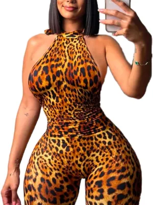 Mandonce Womens Jumpsuit Leopard Print Hanging Neck Sleeveless Backless Cheetah Print Capri Pants Sexy Romper Summer Clubwear