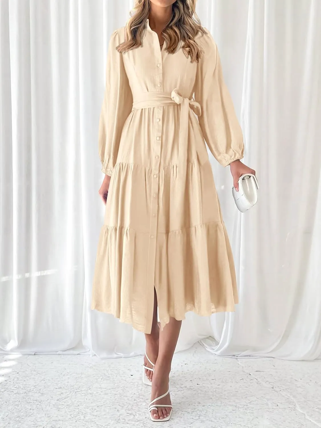 MASCOMODA Womens Dresses 2025 Fall Long Sleeve Midi Dress Casual V Neck Button Down Tiered Flowy Aline Tie Waist Shirt Dress