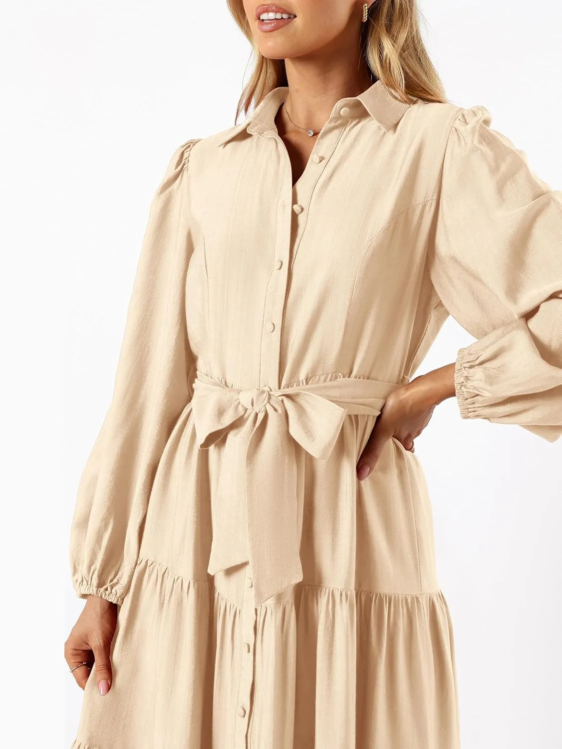 MASCOMODA Womens Dresses 2025 Fall Long Sleeve Midi Dress Casual V Neck Button Down Tiered Flowy Aline Tie Waist Shirt Dress