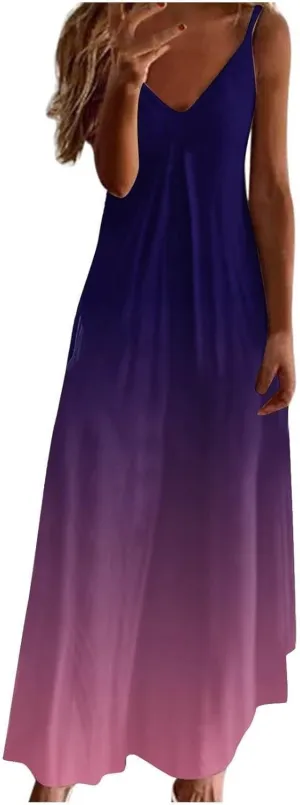 Maxi Cami Dress Women Beach Vacation Summer Dress Spaghetti Strap Casual Sundress V Neck Ombre Flowy A Line Dress