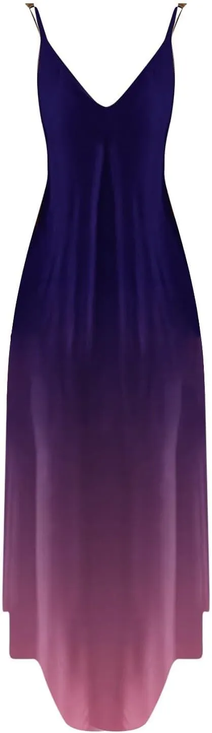 Maxi Cami Dress Women Beach Vacation Summer Dress Spaghetti Strap Casual Sundress V Neck Ombre Flowy A Line Dress