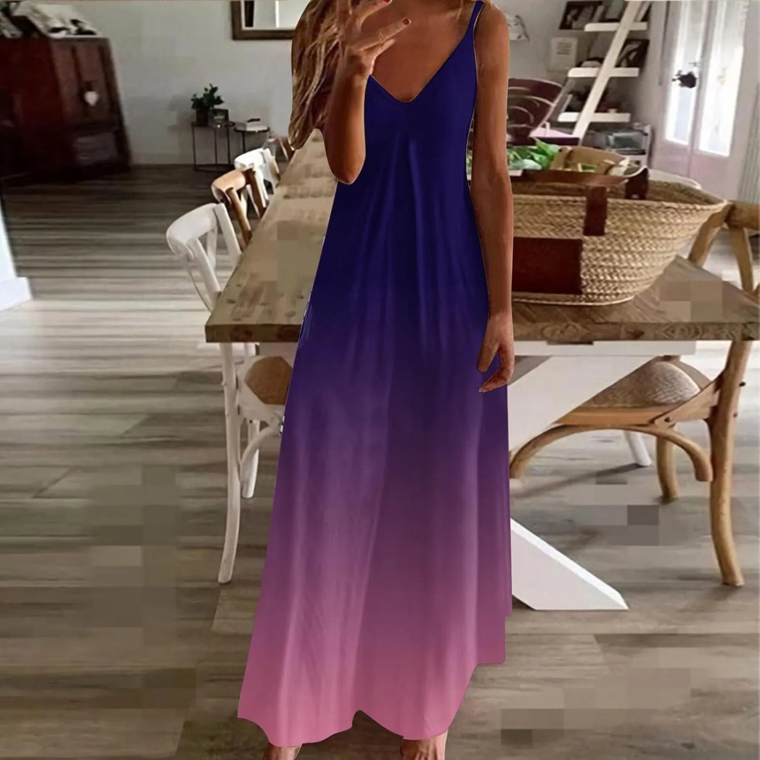Maxi Cami Dress Women Beach Vacation Summer Dress Spaghetti Strap Casual Sundress V Neck Ombre Flowy A Line Dress