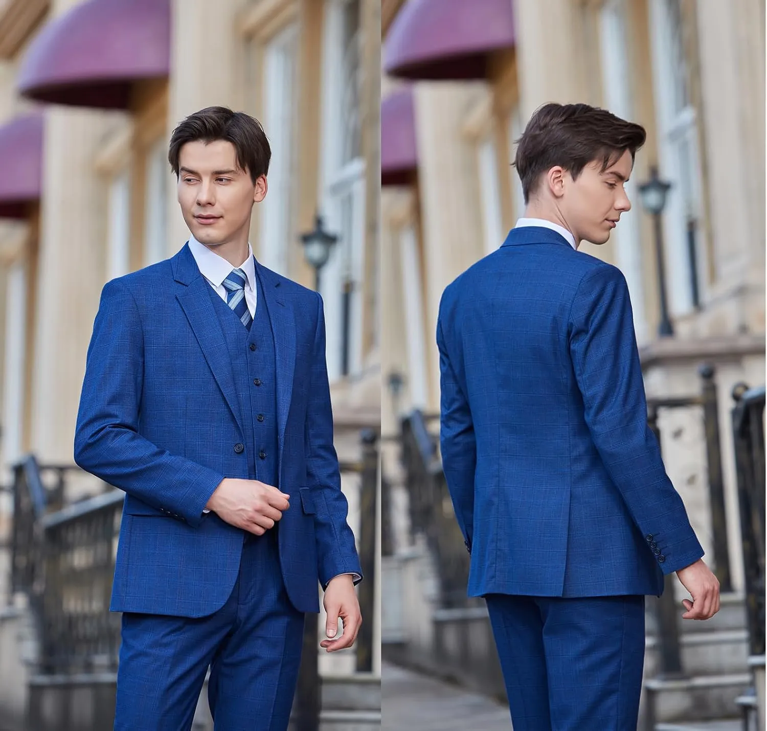 Men's 3 Pieces Slim Fit Plaid Suits Wedding Party Checked Tuxedo Blazer Jacket Vest Pants Suit Set