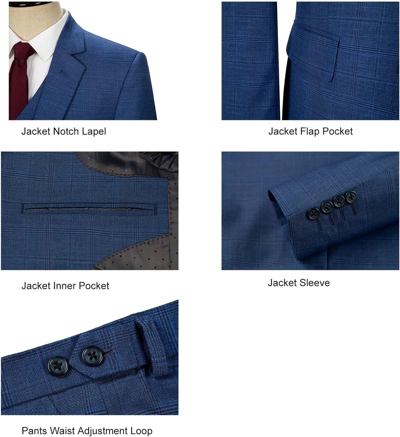 Men's 3 Pieces Slim Fit Plaid Suits Wedding Party Checked Tuxedo Blazer Jacket Vest Pants Suit Set