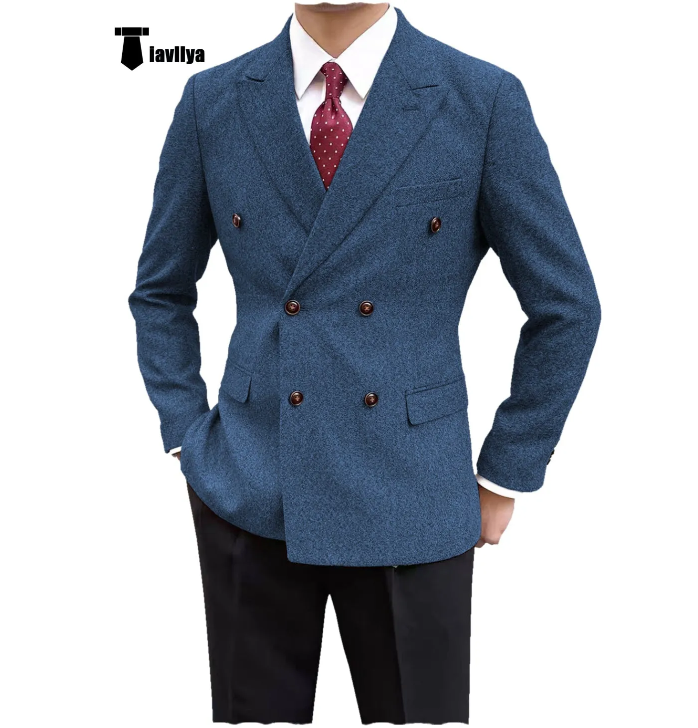 Men's Casual Tweed Double Breasted Notch Lapel Blazer