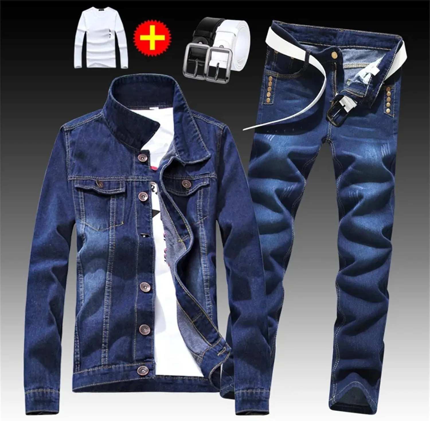 Men's Spring 4 Pcs Set Denim Jacket Holes Single Breasted Coat Jeans Pants with Shirt & Belt Suit