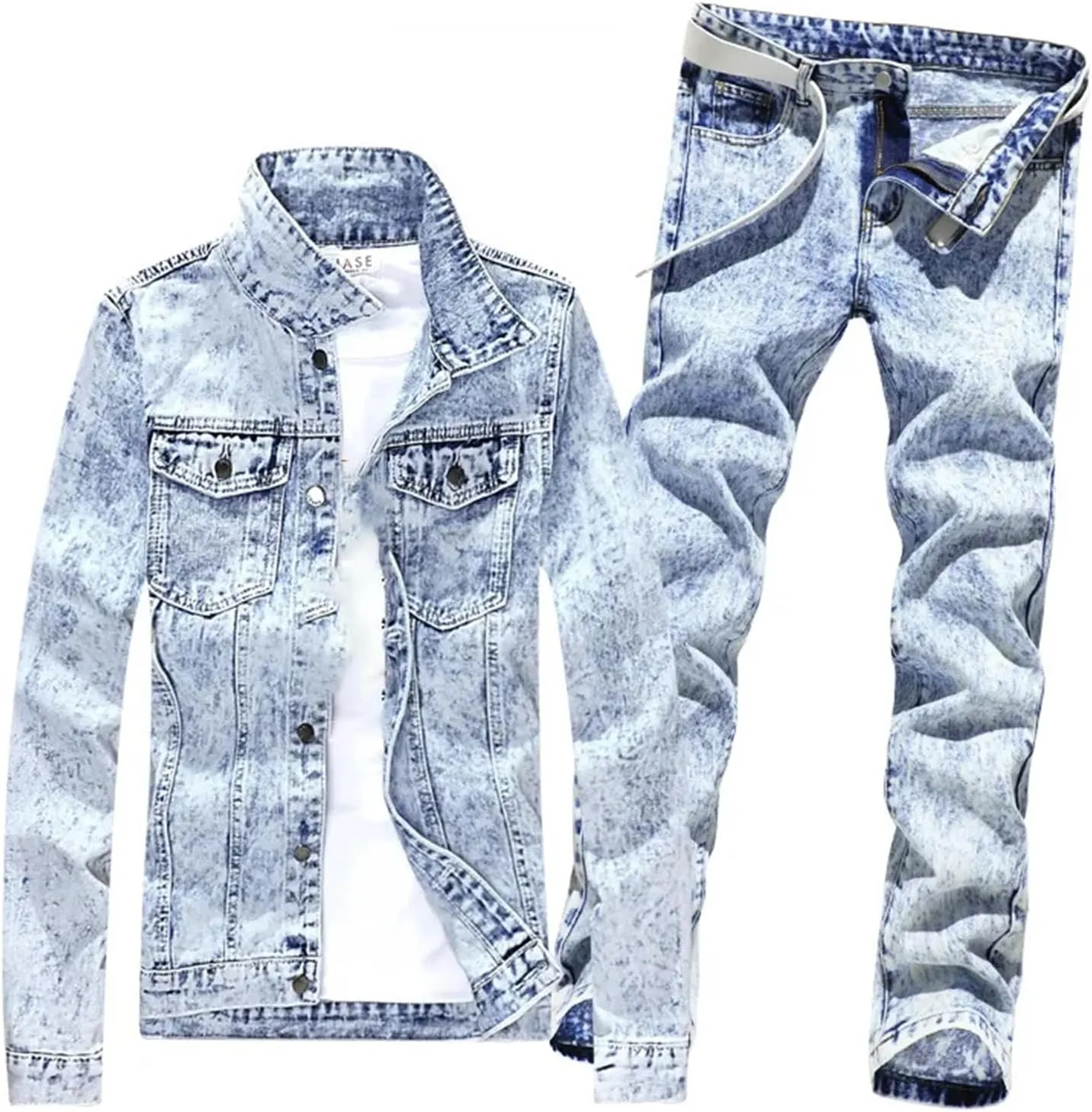 Men's Spring 4 Pcs Set Denim Jacket Holes Single Breasted Coat Jeans Pants with Shirt & Belt Suit