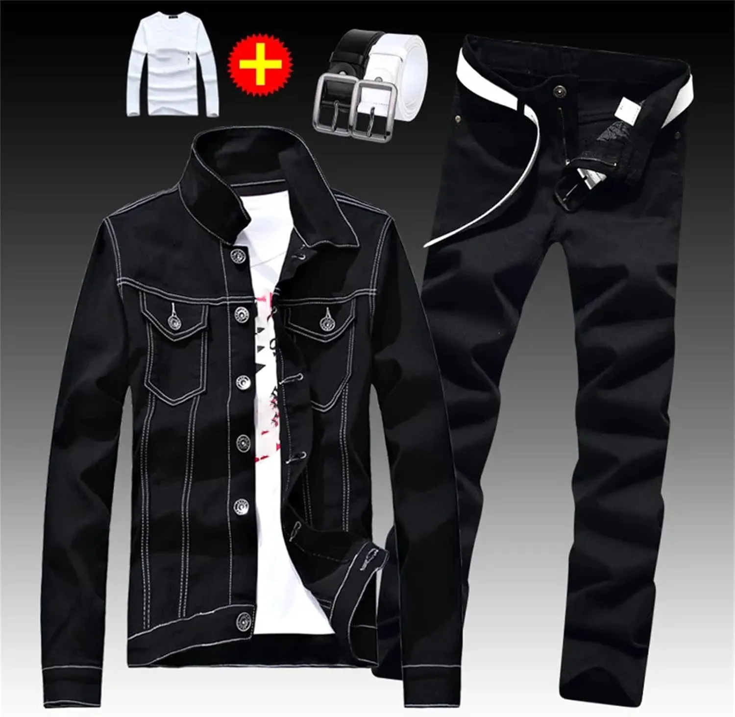 Men's Spring 4 Pcs Set Denim Jacket Holes Single Breasted Coat Jeans Pants with Shirt & Belt Suit