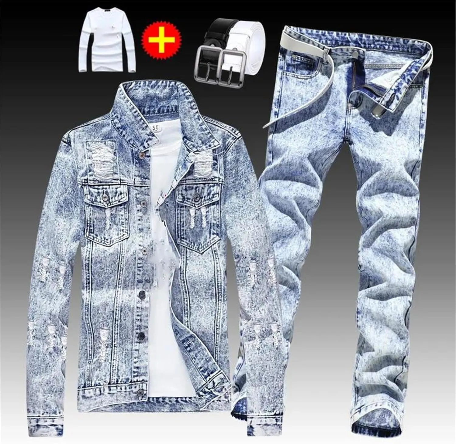 Men's Spring 4 Pcs Set Denim Jacket Holes Single Breasted Coat Jeans Pants with Shirt & Belt Suit