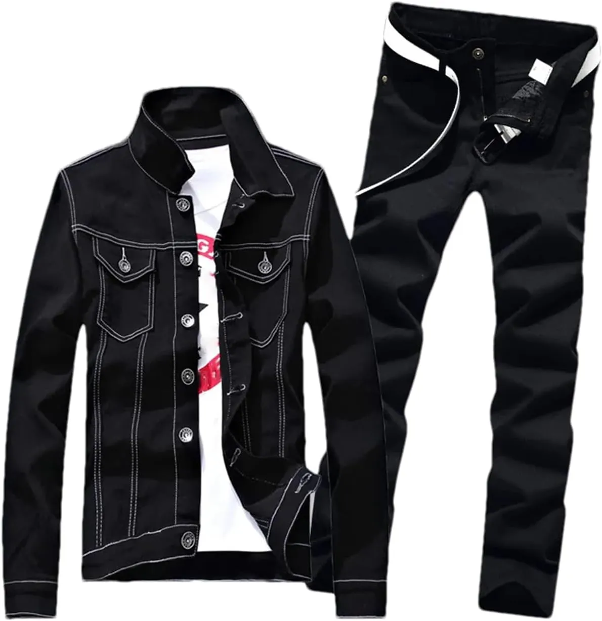 Men's Spring 4 Pcs Set Denim Jacket Holes Single Breasted Coat Jeans Pants with Shirt & Belt Suit