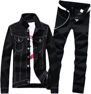 Men's Spring 4 Pcs Set Denim Jacket Holes Single Breasted Coat Jeans Pants with Shirt & Belt Suit